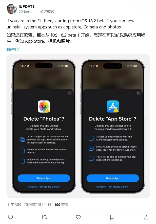 华南热作学院苹果手机维修分享iOS 18.2 支持删除 App Store 应用商店 